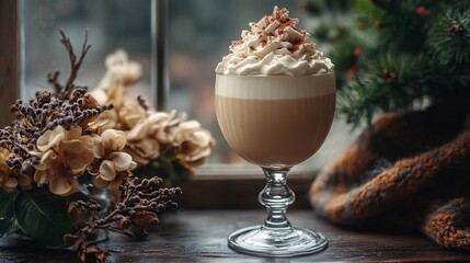 Rich Lumumba cocktail with creamy cocoa, rum, and whipped cream topping in an elegant glass on a dark wooden table, cozy ambiance.