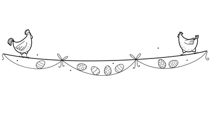 Naklejka na meble Garland with easter eggs. Hen and rooster. Easter decoration with painted eggs. Outline illustration, isolated on white background	
