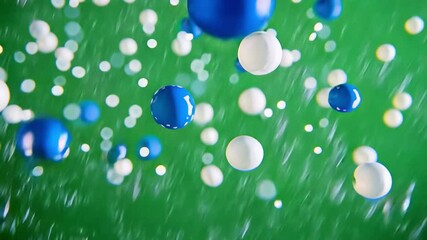 Poster - Blue and White Spheres in Motion: A captivating abstract image of blue and white spheres falling and floating against a vibrant green background, creating a sense of energy and movement.  