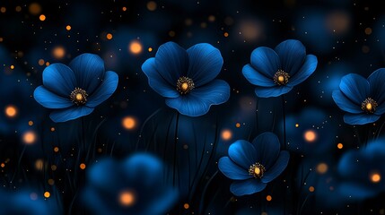 Wall Mural - Glowing blue flowers in dark night.