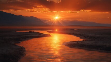 Wall Mural - Serene Sunset over Mountains and Reflective Water Stream at Dusk