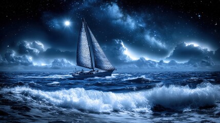 Wall Mural - Tranquil Sailboat on a Moonlit Ocean with Starry Sky Reflection