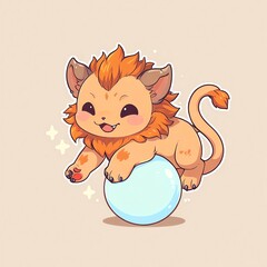 Canvas Print - Adorable Orange Lion Cub Playing with a Big Light Blue Ball