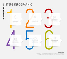 Poster - A colorful 6 steps infographic displays a structured plan. Numbers 1 to 6 are highlighted with distinct colors, emphasizing a multipurpose and clear design. Ideal for visual presentations.