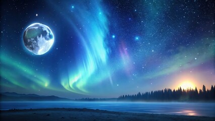 Wall Mural - dark blue night sky with stars and a full moon , aurora borealis, stargazing, aurora borealis, starg