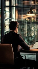 Poster - Businessman working at a desk, looking out a window.