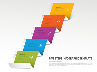 Poster - Five-step infographic template from folded paper displays sequential information. Each step is marked with distinct colors and icons, enhancing the visual appeal of the infographic template.