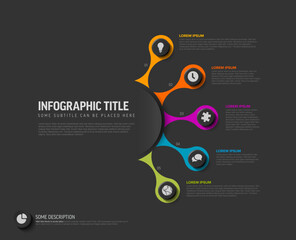 Poster - Colorful dark infographic template  with five connected elements. The infographic design uses vibrant colors and icons to represent sequential information visually.