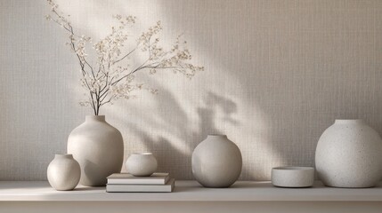 Poster - Minimalist interior display with neutral pottery and decorative branches creating soft shadows. Generative AI