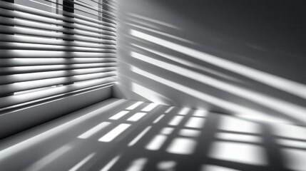 Aufkleber - Sunlight filtering through blinds creates dynamic patterns on the wall in a minimalist room. Generative AI