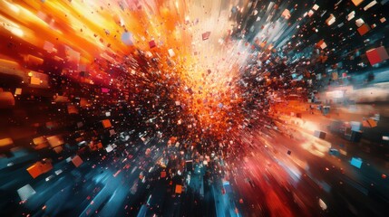 Fototapete - Colorful explosion of abstract shapes and lights radiating outward in dynamic motion. Generative AI