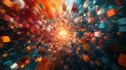 Fototapete - Colorful explosion of geometric shapes creating a dynamic cosmic effect in deep space. Generative AI