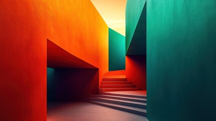 Aufkleber - Vibrant abstract architecture featuring colorful walls and dynamic staircases in a surreal landscape. Generative AI