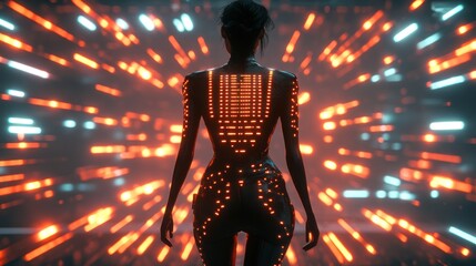 Aufkleber - Futuristic figure illuminated by vibrant lights in a digitally enhanced environment during nighttime. Generative AI