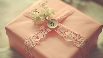 Wall Mural - Pink gift box with lace, button, flowers on fabric