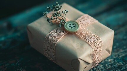 Rustic gift box with lace, button, dried flowers on wooden surface