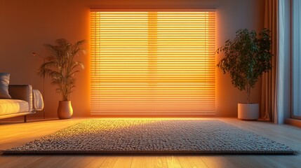 Aufkleber - Warm orange sunlight streams through blinds into a cozy living room with plants and a textured rug. Generative AI