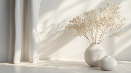 Aufkleber - Elegant white vase with dried flowers beside a smooth surface and light curtains during the day. Generative AI