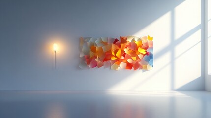 Aufkleber - Brightly lit gallery with abstract art installation featuring colorful translucent panels in spacious environment. Generative AI