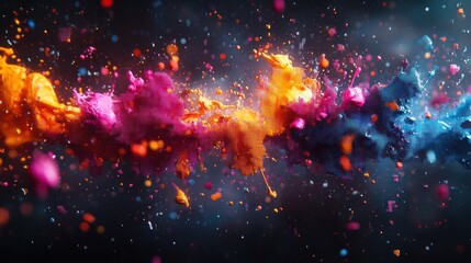 Poster - Colorful paint splashes create dynamic abstract patterns in a vibrant display of creativity and energy. Generative AI