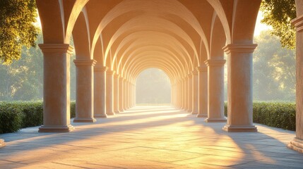 Beautiful arched walkway bathed in golden sunlight, surrounded by lush greenery in an outdoor setting. Generative AI