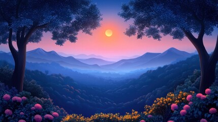 Wall Mural - Serene Mountain Landscape at Sunset with Vibrant Floral Foreground