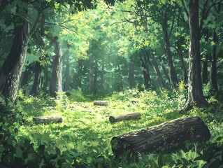 Aufkleber - Serene Sunlit Forest Path Tranquil Green Nature Scene Lush Summer Woodland