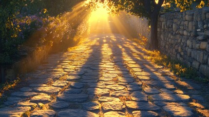 Poster - Sunlight streaming through trees along a cobblestone path at sunset. Generative AI