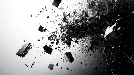 Fototapete - Dynamic explosion of dark fragments scattering against a gradient background. Generative AI