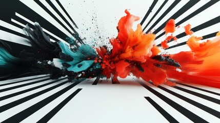 Fototapete - Dynamic explosion of colors and shapes against a minimalistic striped background. Generative AI