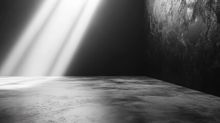 Aufkleber - Light beams illuminate a dark, textured room with a concrete floor during a quiet moment. Generative AI