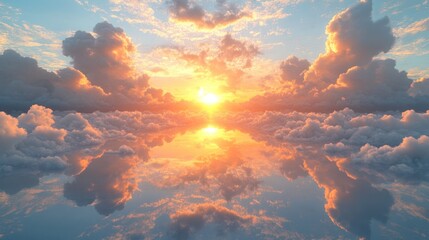 Poster - Vibrant sunset reflecting on calm waters with dramatic clouds in the sky. Generative AI