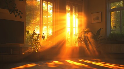 Aufkleber - Golden sunlight streams through windows illuminating a cozy room filled with plants at sunset. Generative AI