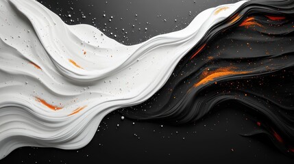 Fototapete - Dynamic wave patterns blend contrasting colors of black, white, and orange against a dark backdrop. Generative AI