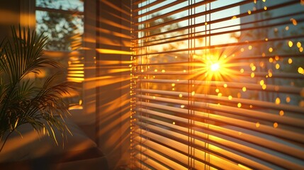 Aufkleber - Sunlight streaming through blinds creates warm patterns in a cozy room during a serene morning. Generative AI