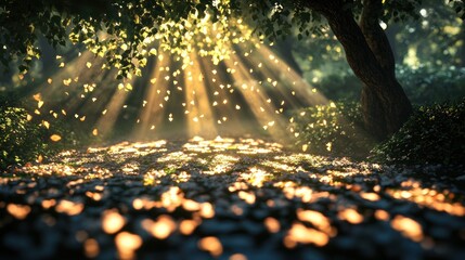Poster - Sun rays filtering through leaves illuminate a serene forest path in early morning light. Generative AI