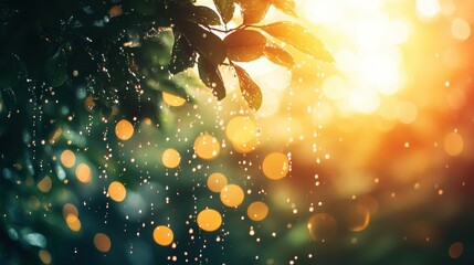 Wall Mural - Glimmering Raindrops on Leaves with Warm Sunset Bokeh Effect