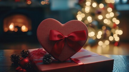 Aufkleber - Romantic Heart Shaped Gift Box Christmas Eve Fireplace Lights
