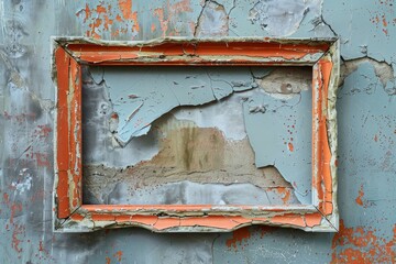 Poster - weathered orange frame placed on a textured, damaged wall, showcasing decay and time