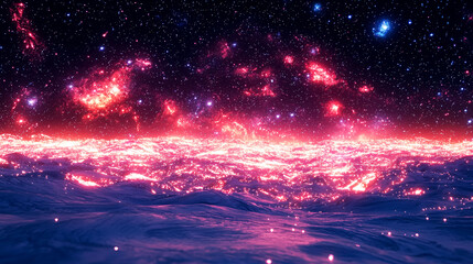 Wall Mural - Cosmic Landscape: A Serene Night Sky with Vibrant Nebulae and Glowing Stars