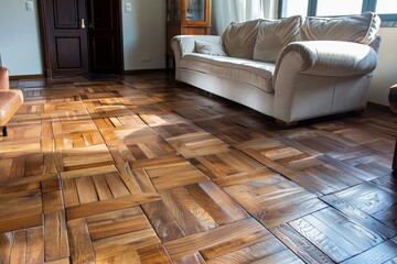 Poster - Sunlight illuminates an intricate wooden parquet floor, adding warmth and elegance to a luxurious living room