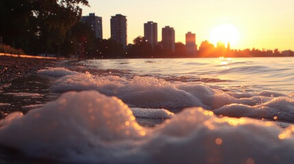 Wall Mural - Sunset Over Lake with City Skyline and Gentle Waves in Background