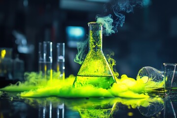 a glowing green liquid spreads on a glossy lab table, surrounded by overturned glassware.