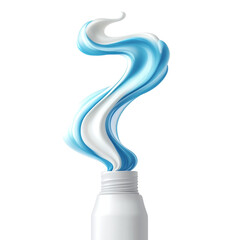 Poster - A white bottle with a dynamic swirl of blue and white cream emerging from its opening.  The image is clean and modern.