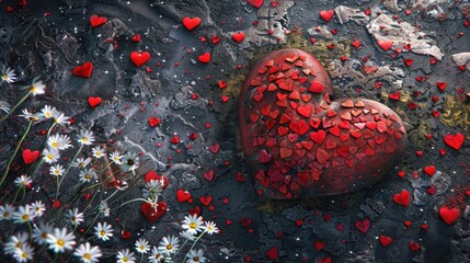 Wall Mural - A large heart surrounded by smaller red hearts scattered across the ground