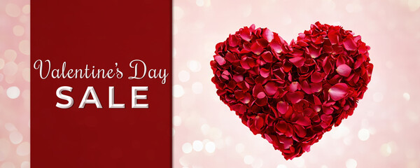 Wall Mural - valentine's day sale banner with heart-shaped arrangement in rose petals.