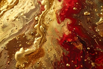 Poster - abstract red and gold fluid art painting with swirling patterns and bubbles