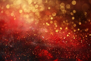 Poster - Abstract red and gold festive background with glittering bokeh lights, creating a magical and celebratory atmosphere