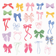 colorful set of cute bows and ribbons in floral, stripes, checkered pattern and line art. hand-drawn
