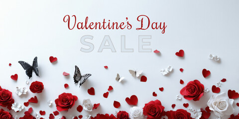 Wall Mural - Valentine's Day Sale Banner Decorated with Roses, Hearts and Butterflies on White Background.